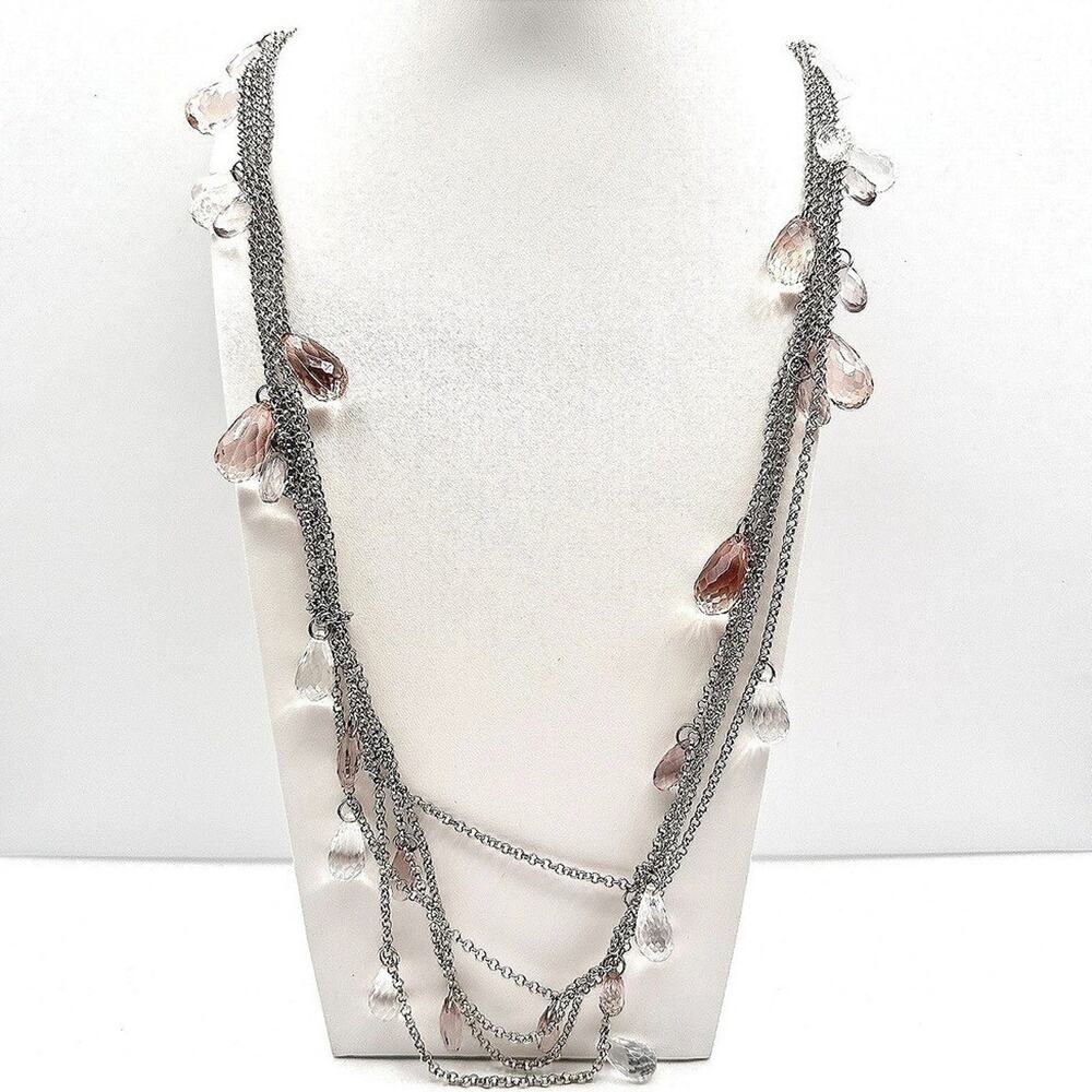 Vintage 90s Ann Taylor Multi Strand Necklace Pink Clear Teardrop Crystal Bead